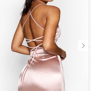 Satin Square Neck Strappy Back Bodycon Dress